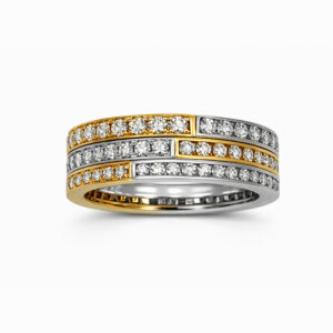 Anillo de diamantes oro blanco y oro amarillo diseño triple pavé