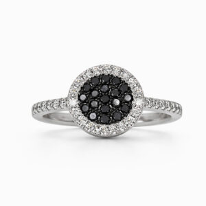 Anillo de diamantes negros y blancos oro blanco halo circular