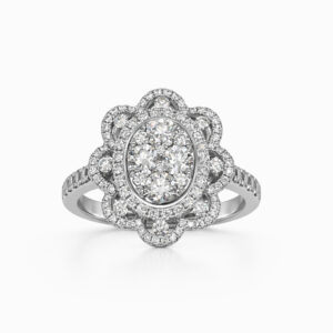 Anillo de diamantes oro blanco halo floral vintage