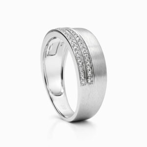 Anillo de diamantes oro blanco banda ancha satinada doble línea