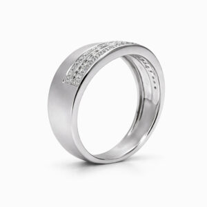 Anillo de diamantes oro blanco banda ancha satinada doble línea
