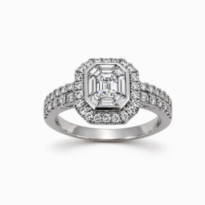 Anillo de diamante corte esmeralda con halo pavé en oro blanco