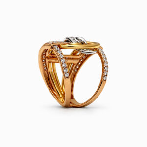 Anillo entrelazado tricolor con diamantes en oro amarillo, rosa y blanco