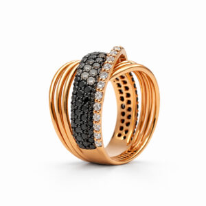 Anillo pavé de diamantes negros y blancos en oro rosa