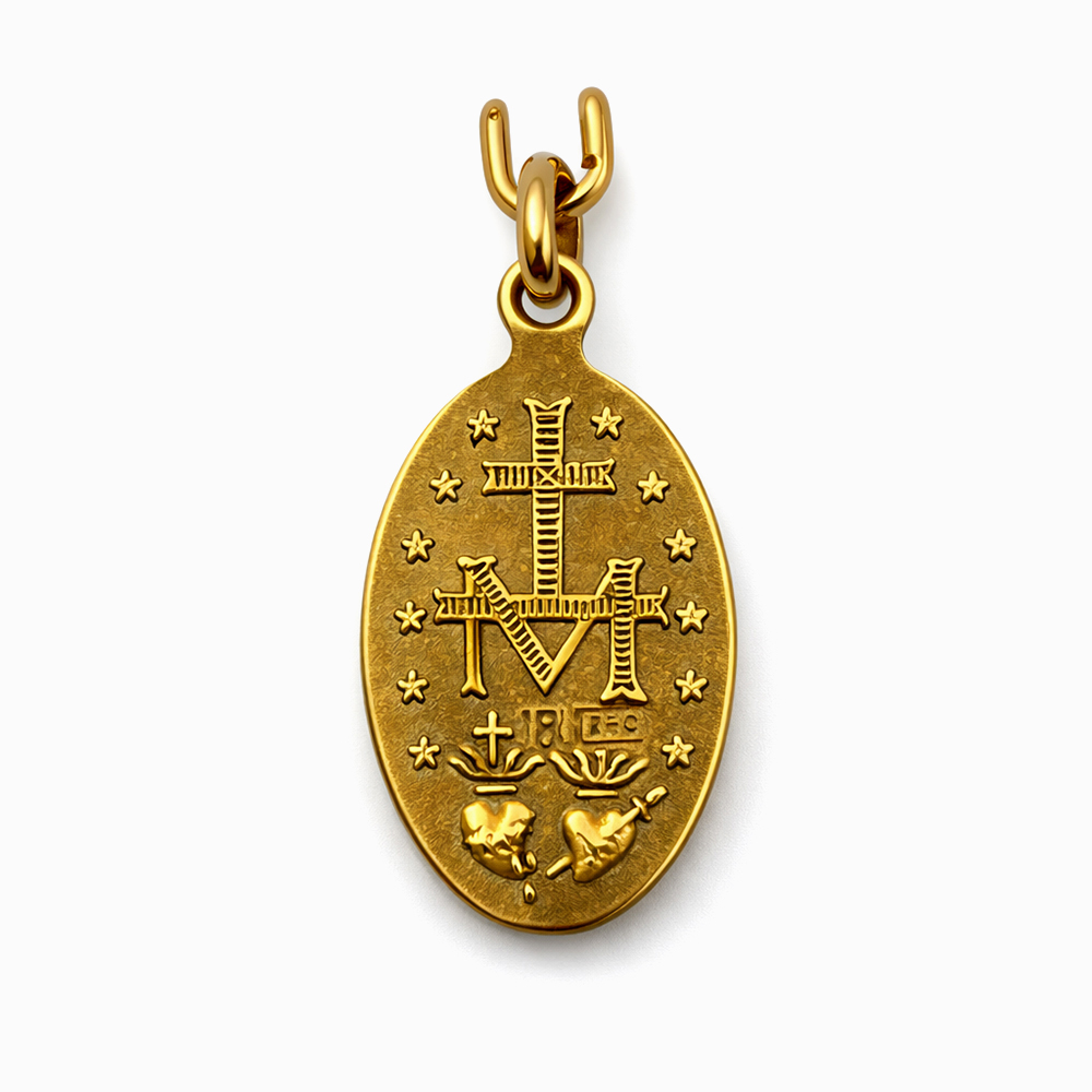 Medalla Virgen Milagrosa reverso símbolos marianos oro colgante