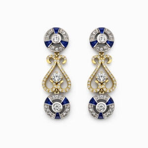 Aros oro blanco y oro amarillo con diamantes y zafiros diseño vintage elegante