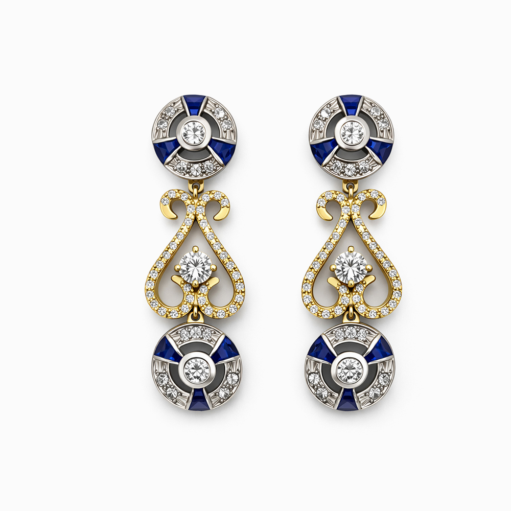 Aros oro blanco y oro amarillo con diamantes y zafiros diseño vintage elegante