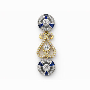 Aros oro blanco y oro amarillo con diamantes y zafiros diseño vintage elegante