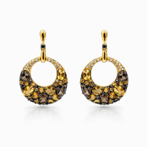 Aros oro amarillo con piedras cuarzo ahumado y cristales diseño ovalado elegante