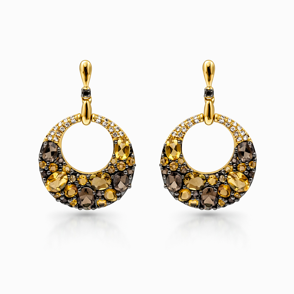 Aros oro amarillo con piedras cuarzo ahumado y cristales diseño ovalado elegante