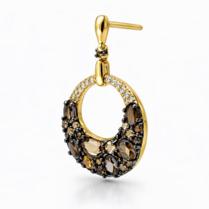 Aros oro amarillo con piedras cuarzo ahumado y cristales diseño ovalado elegante