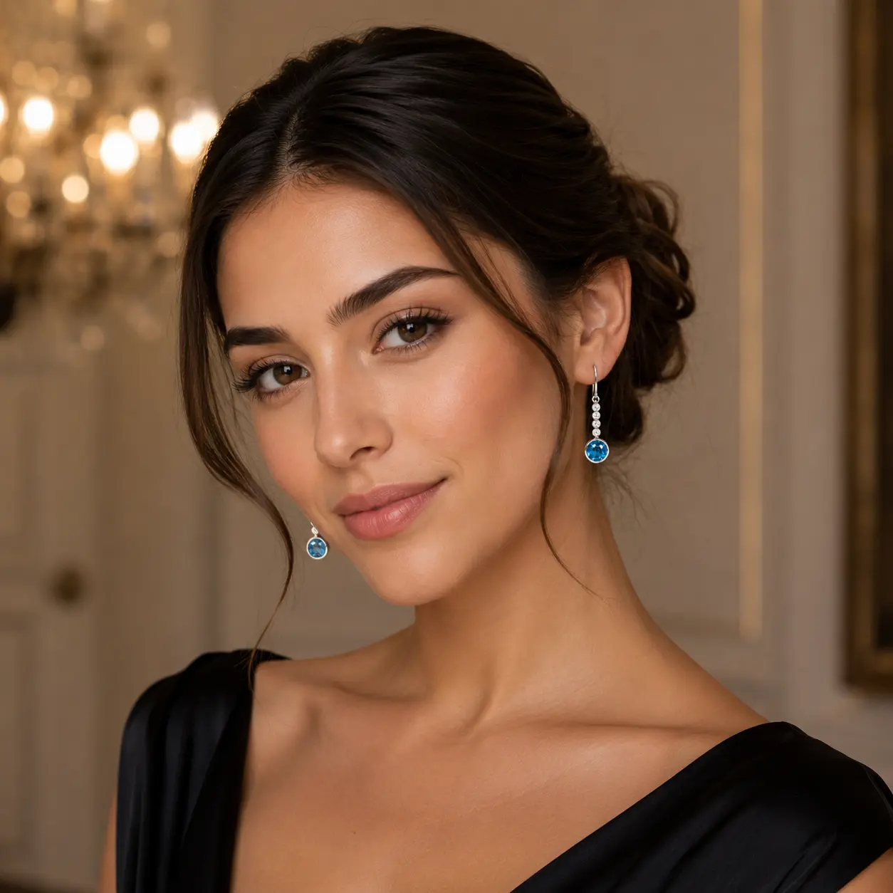 Aros plata colgantes con topacio azul y diamantes diseño elegante - Imagen 2