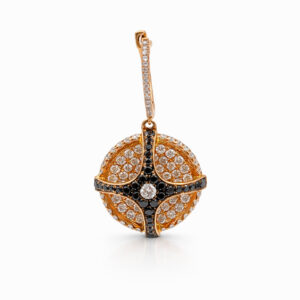 Aros oro amarillo con diamantes blancos y negros diseño circular elegante