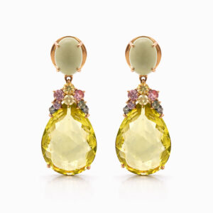 Aros oro rosa con citrino amarillo y piedras de colores diseño lágrima elegante