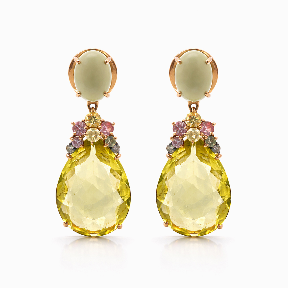 Aros oro rosa con citrino amarillo y piedras de colores diseño lágrima elegante