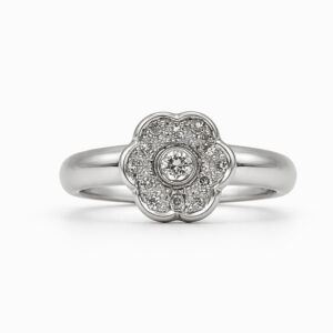 Anillo oro blanco con diamantes flor diseño halo elegante